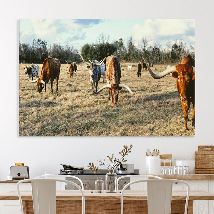 Texas Longhorns Wall Art Canvas Print, Framed Rustic Farm Scene Art Picture Print, Western Cattle Print Canvas Perfect Rustic Farmhouse
