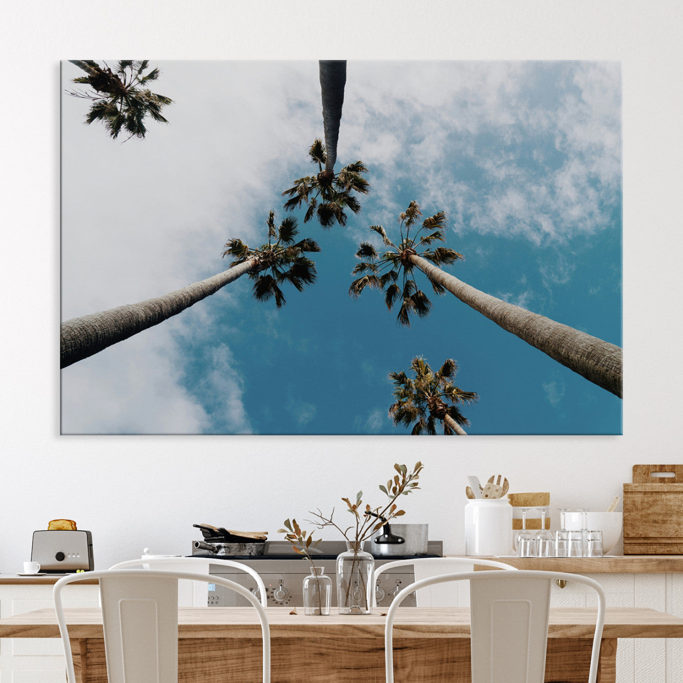 Tropical Palm Trees Wall Art Canvas Print, Framed California Sky Art Picture Print, Minimalist Nature Perfect Coastal Minimalist Decor