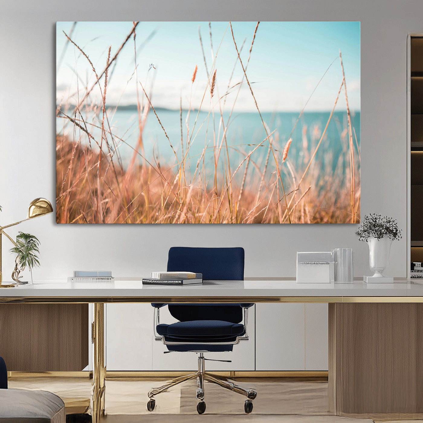 36108696-MGV-CV-36X24-Golden Beach Grass Ocean Breeze Soft Focus Tranquil Coastal Calm Blue Sky Seascape Nature Wall Art Canvas Print