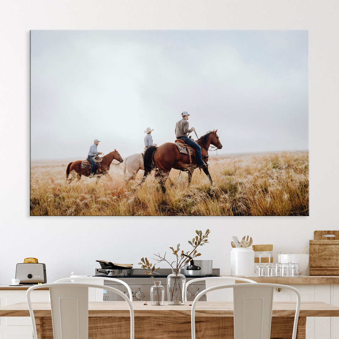 Western Cowboys Wall Art Canvas Print, Framed Rustic Prairie Art Picture Print, Horseback Riding Print Canvas, Perfect Rustic Western Decor