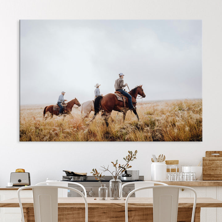 Western Cowboys Wall Art Canvas Print, Framed Rustic Prairie Art Picture Print, Horseback Riding Print Canvas, Perfect Rustic Western Decor