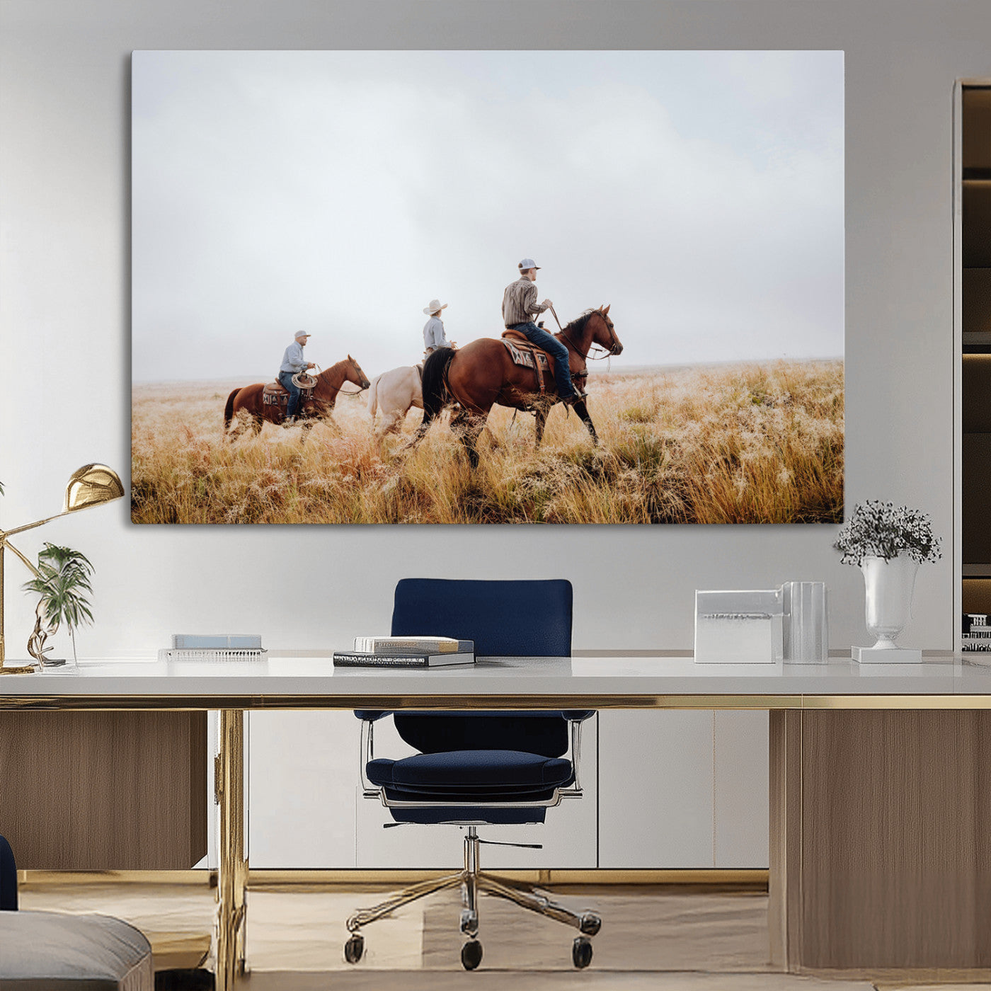 Three cowboys riding horses through a foggy prairie landscape, dressed in Western attire, evoking a rustic and adventurous Wild West aesthetic.