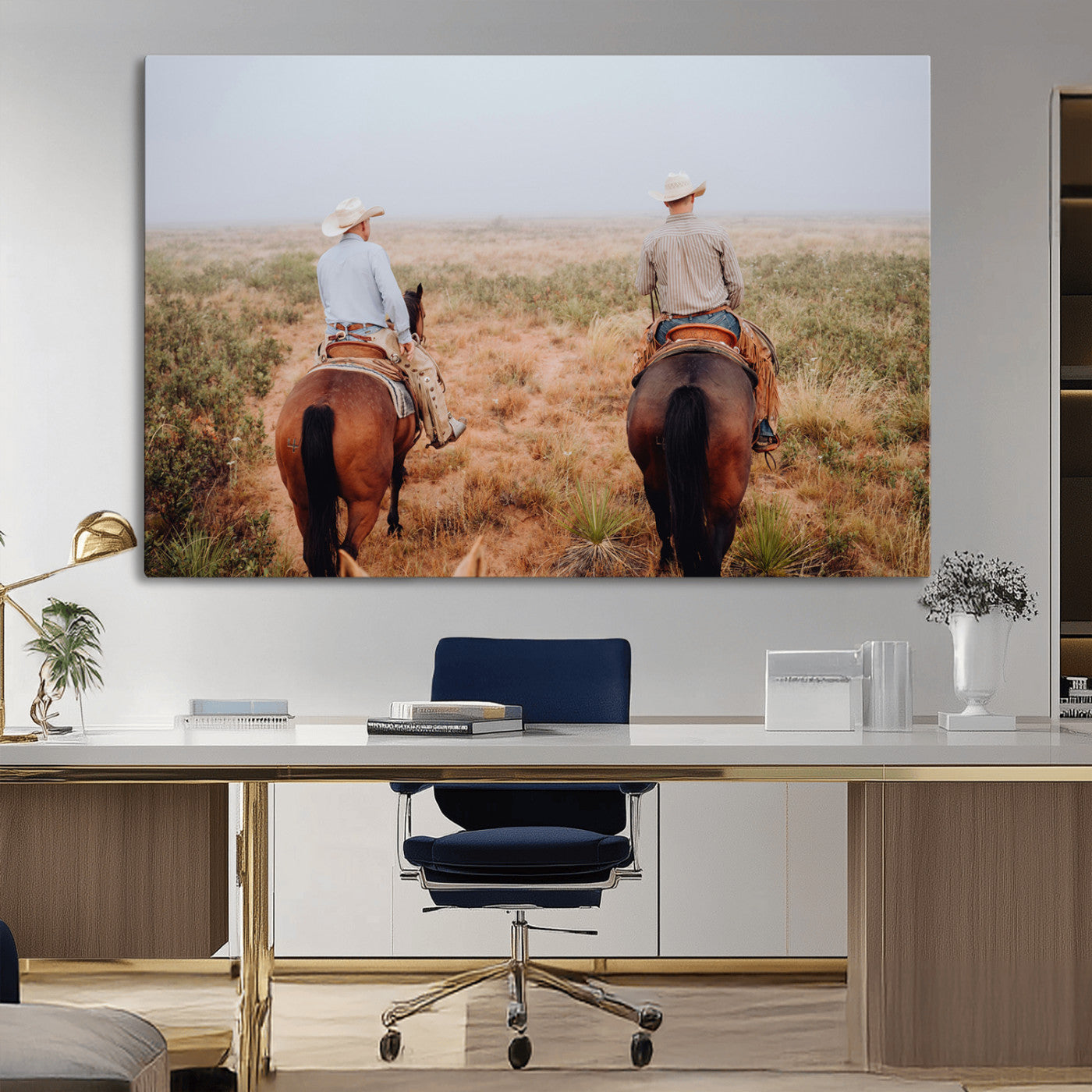 Two cowboys riding horseback through a misty prairie, capturing the rustic and adventurous spirit of the Western frontier.