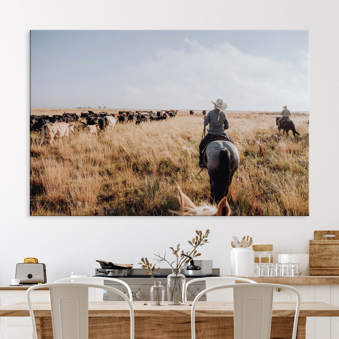Western Wall Art Wall Art Canvas Print, Framed Cowboy Canvas Art Picture Print, Cattle Drive Scene Perfect Rustic Western Decor Artwork