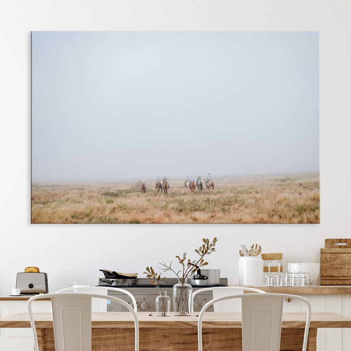 Foggy Plains Wall Art Canvas Print, Framed Horseback Riders Art Picture Print, Rustic Western Perfect Rustic Western Decor Artwork