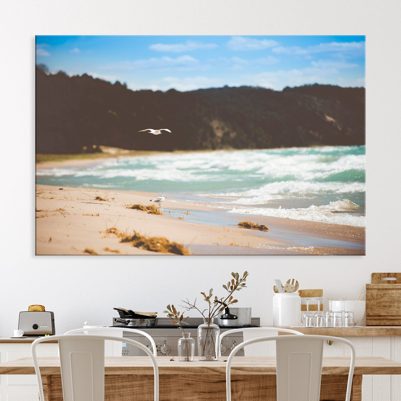 Tranquil Beach Scene Wall Art Canvas Print, Framed Blue Ocean Waves Art Picture Print, Sandy Coastline Perfect Coastal Cottage Decor Artwork