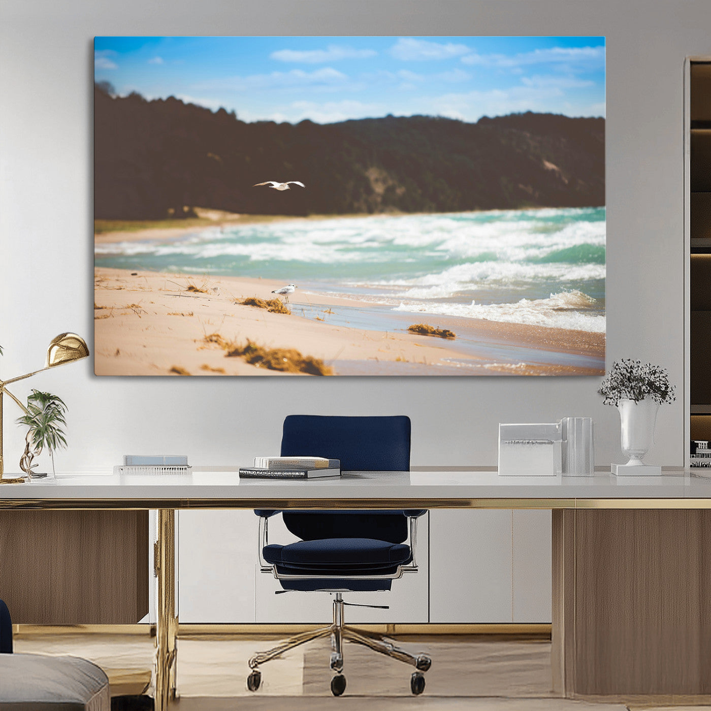Serene beach scene with gentle ocean waves, sandy shore, and a seagull flying under a blue sky, perfect for coastal and nature-inspired decor.