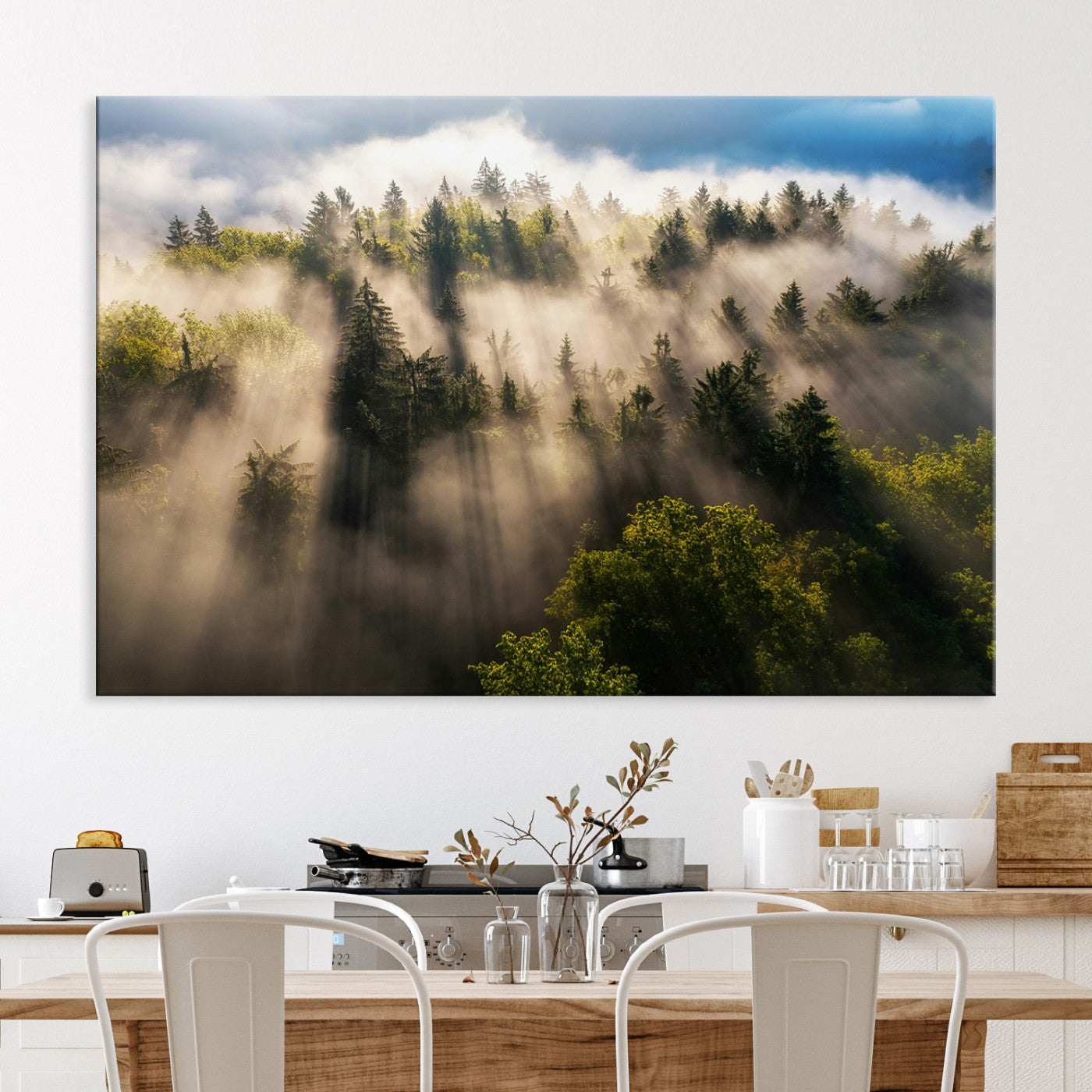 Tranquil Forest Scene Wall Art Canvas Print, Framed Sunbeam Through Trees Art Picture Print, Moody Green Wall Art Perfect Scandinavian