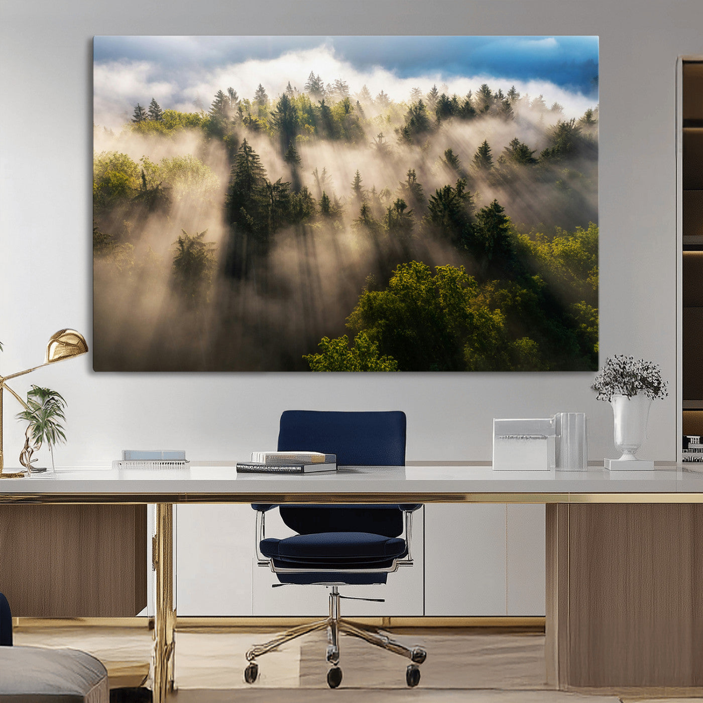 Sunlight streaming through misty pine trees in a lush green forest, creating a serene and atmospheric landscape, perfect for nature-inspired decor.