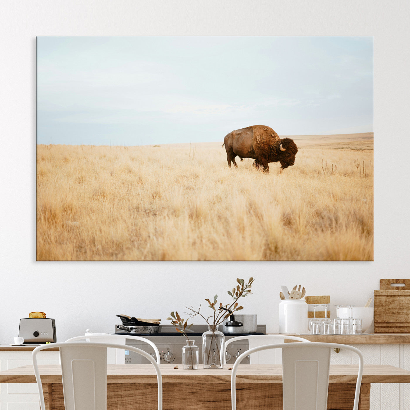 Buffalo Wall Art Canvas Print, Framed Western Wildlife Wall Decor Art Picture Print, Rustic Farmhouse Art Perfect Rustic Western Decor
