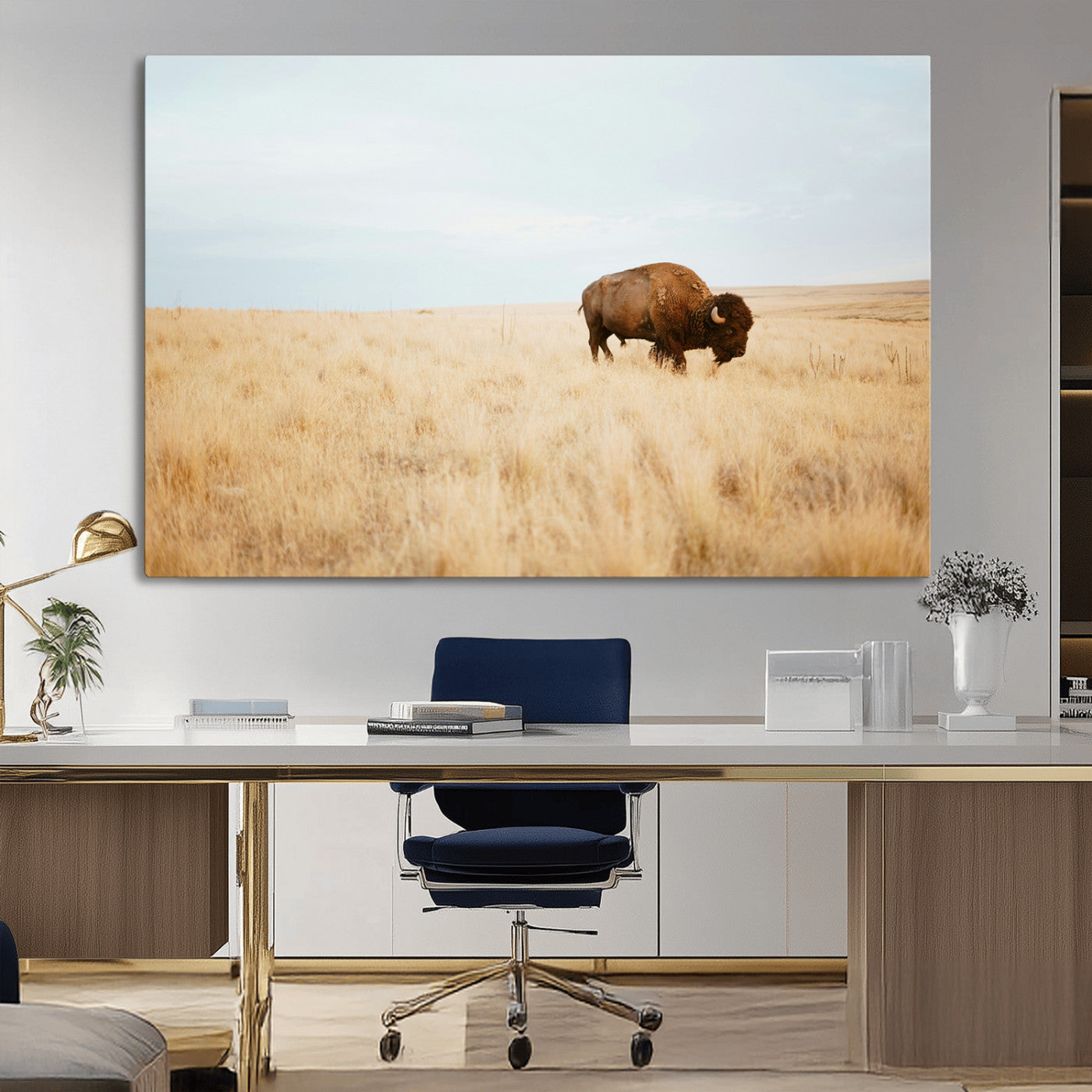 A lone bison standing in a vast golden grassland under a soft blue sky, evoking a rustic and Western aesthetic, ideal for farmhouse decor.