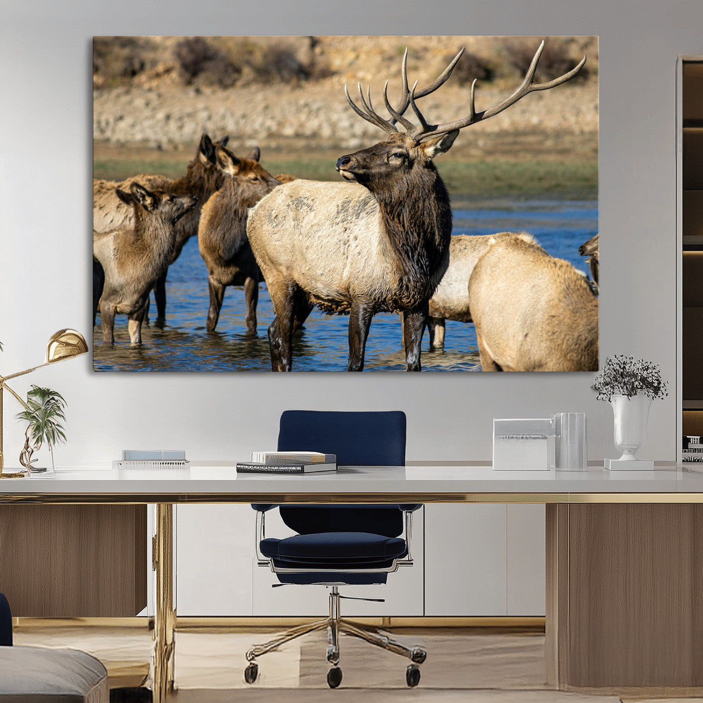 Group of elk standing in shallow water with dry rocky terrain in the background, showcasing wildlife in a natural setting for rustic decor.