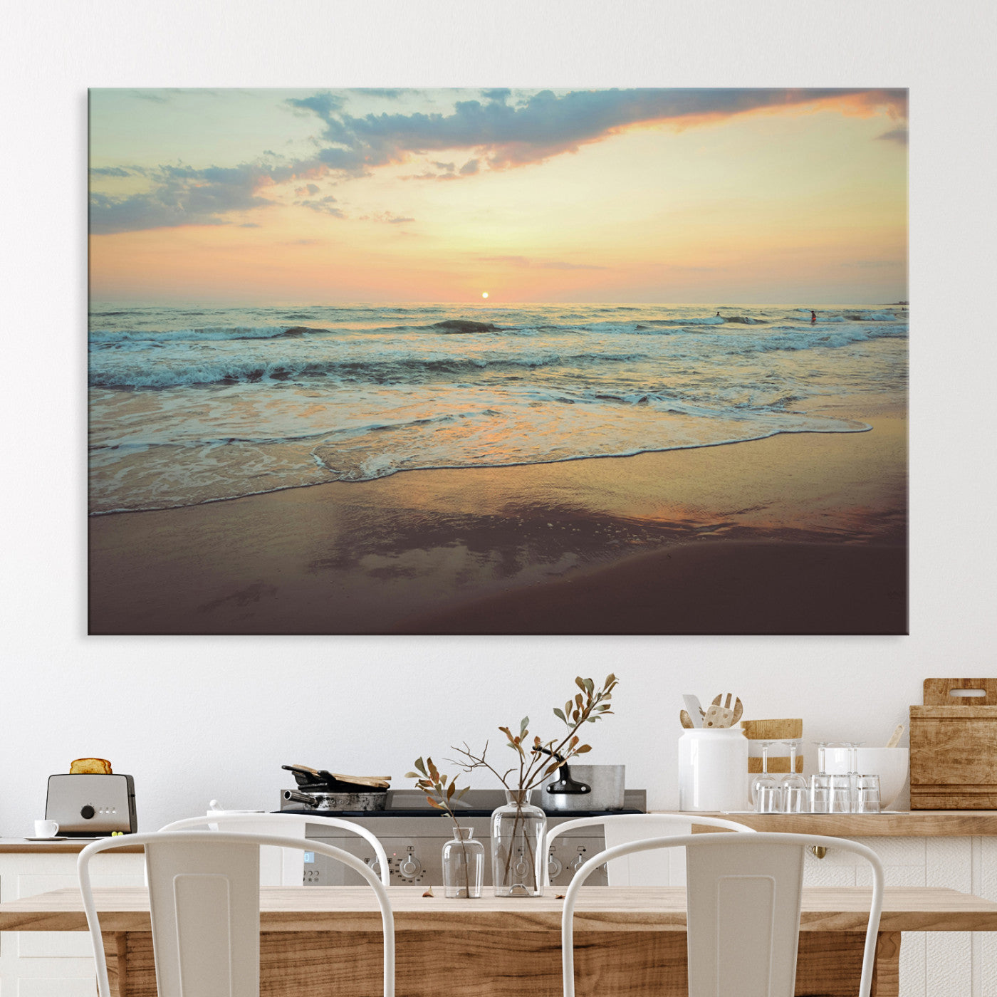 Sunset Seascape Wall Art Canvas Print, Framed Pastel Ocean View Art Picture Print, Tranquil Shoreline Perfect Boho Coastal Decor Artwork