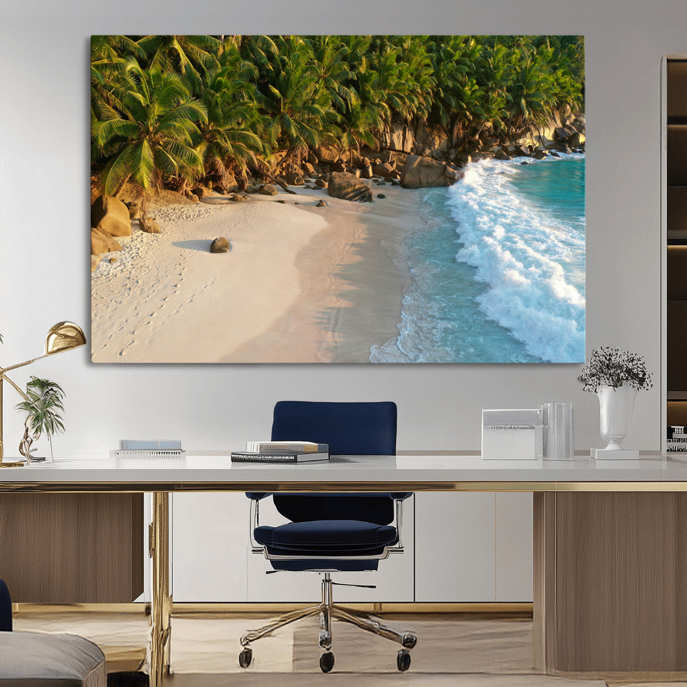 Tropical beach with golden sand, turquoise ocean waves, and lush palm trees, creating a serene coastal paradise for beach-themed decor.