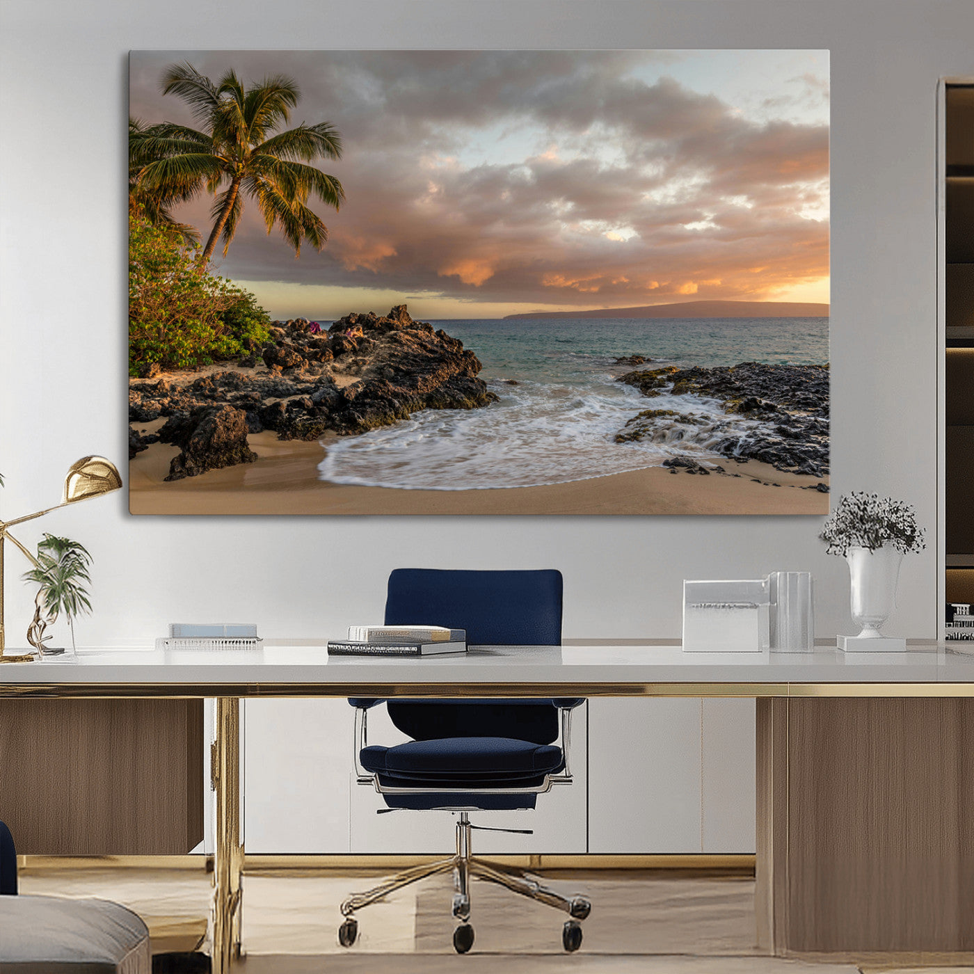 Golden sunset over a tropical beach with palm trees, rocky shoreline, and gentle ocean waves, perfect for coastal and island-inspired decor.