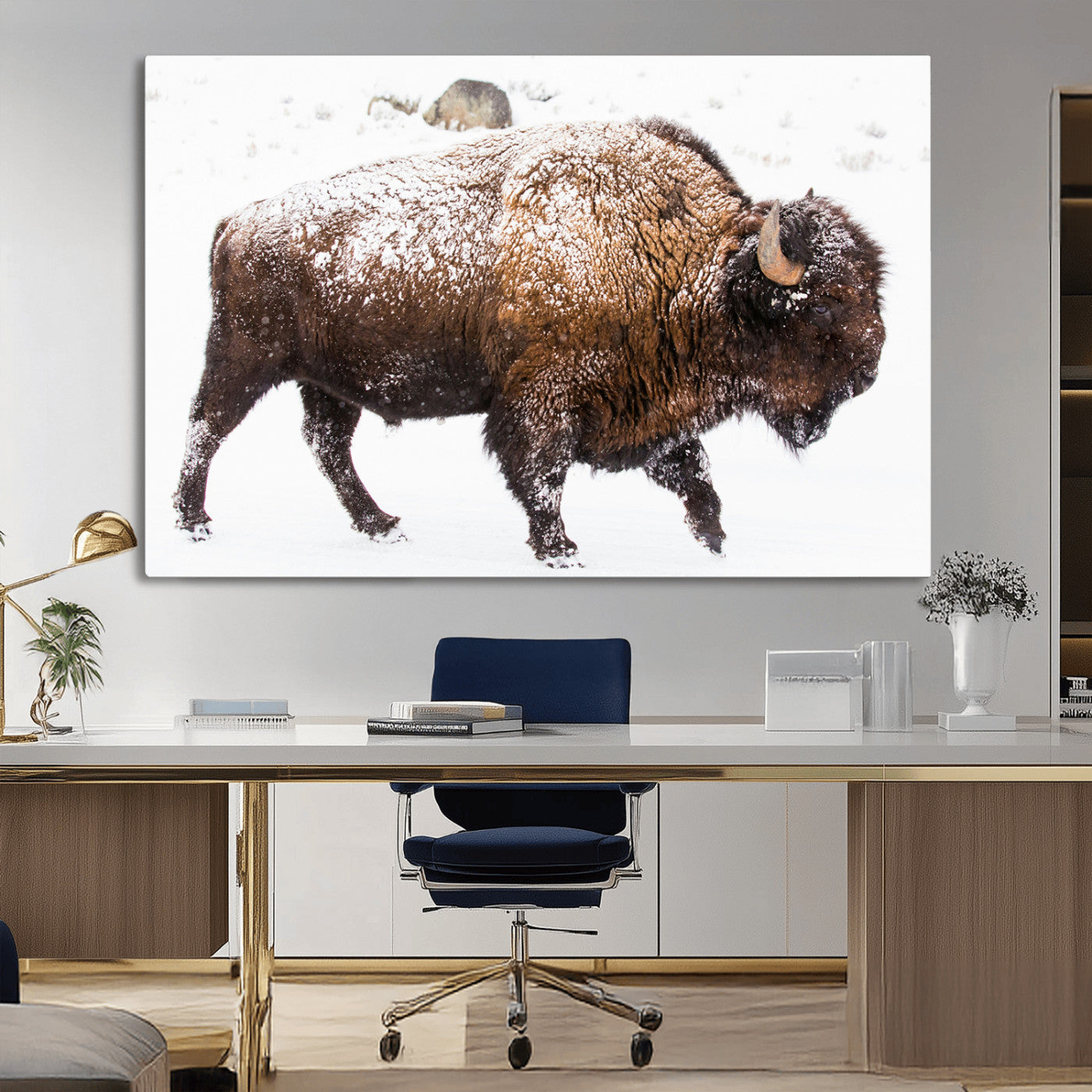 Side profile of a powerful bison walking through deep snow, with frost-covered fur and a white winter background, perfect for rustic and western decor.