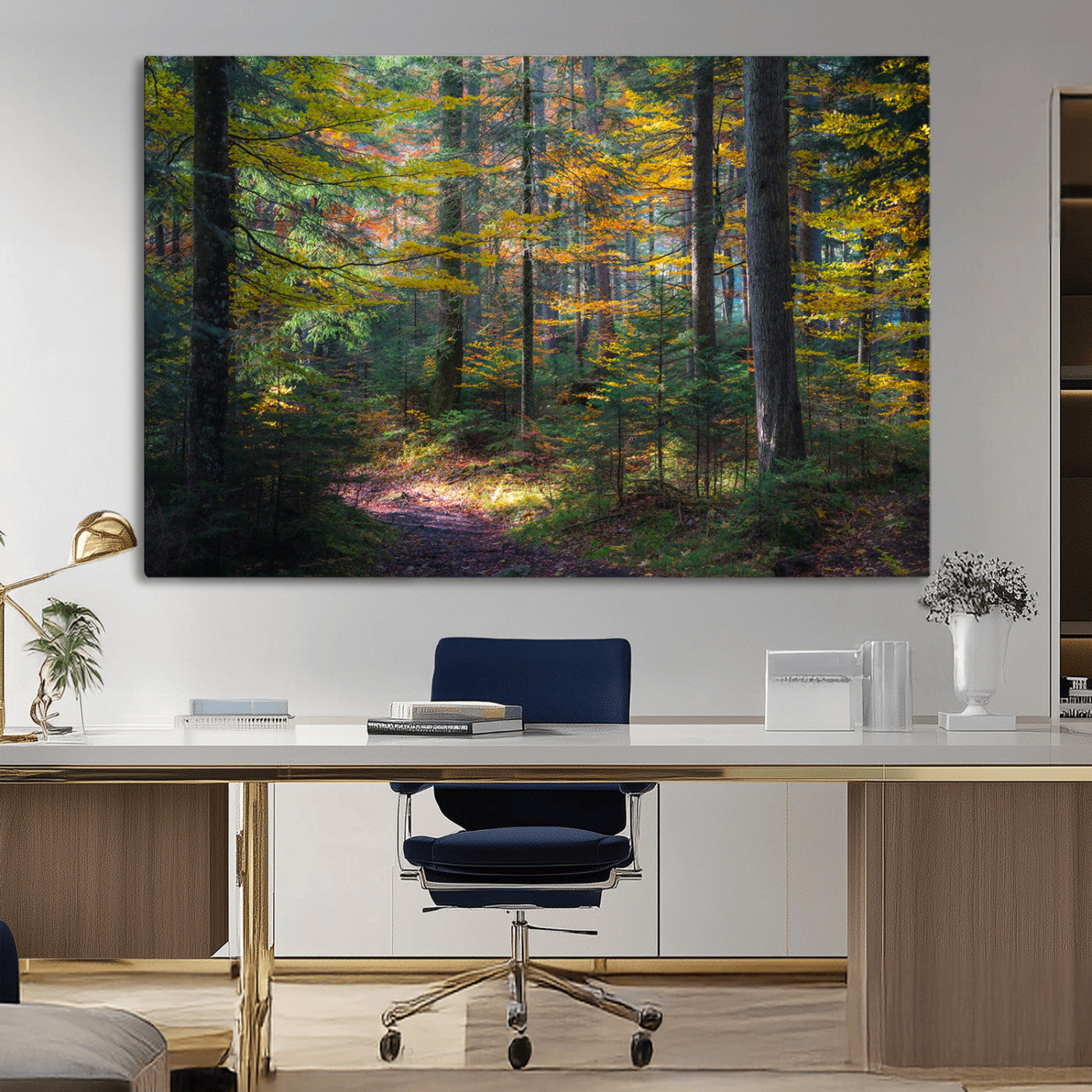 A serene autumn forest with golden and green leaves, a misty atmosphere, and a sunlit pathway, creating a tranquil nature-inspired wall art piece.