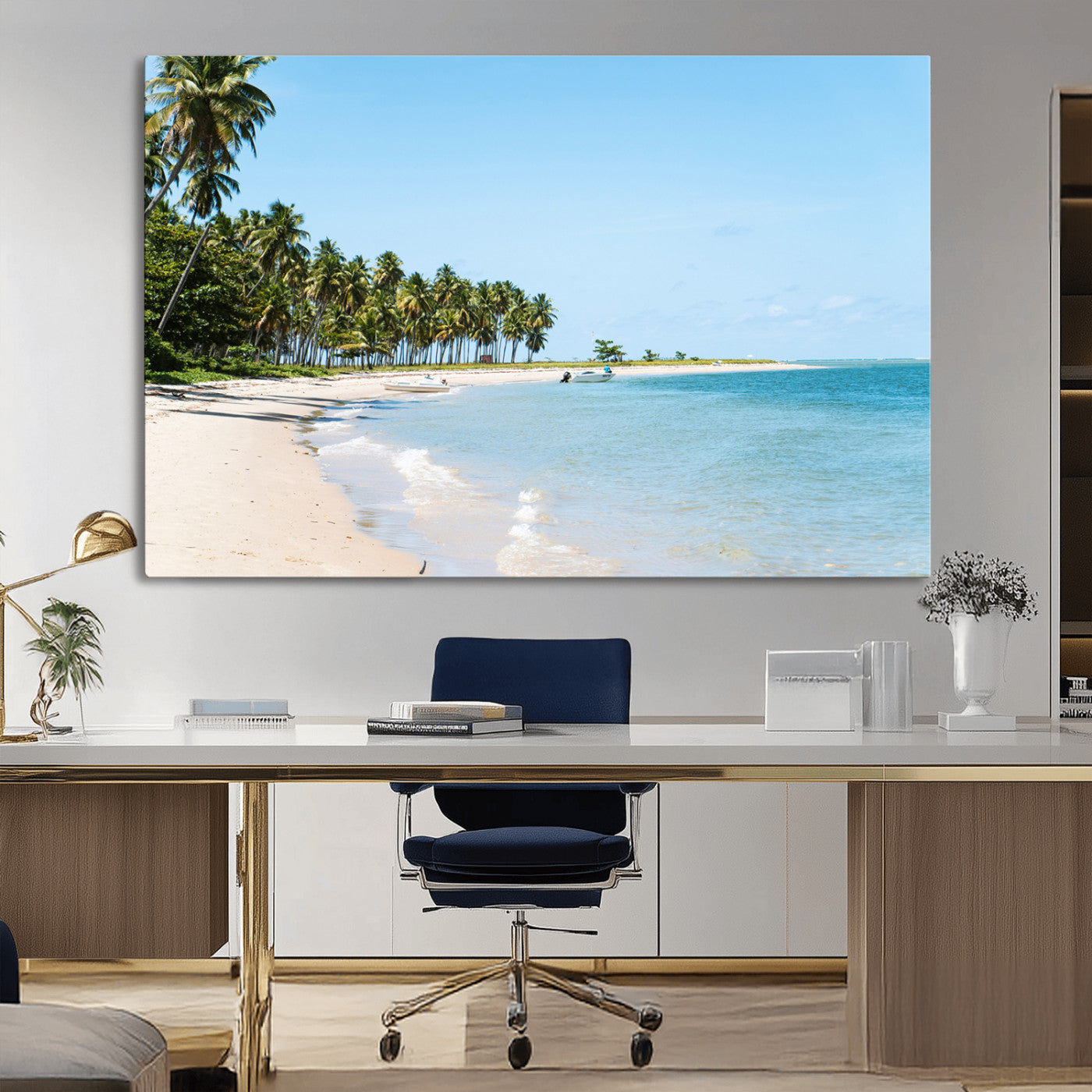 A serene tropical beach with clear blue water, soft sand, and lush palm trees under a bright sky, creating a peaceful island paradise atmosphere.