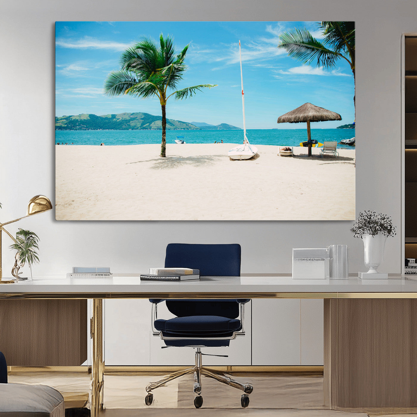 Tropical beach scene with palm trees, a white sailboat, and turquoise ocean waters under a bright blue sky, creating a peaceful summer vibe.