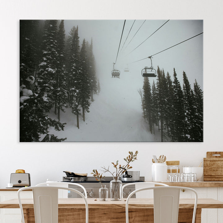 Ski Lift Wall Art Canvas Print, Framed Snowy Pines Art Picture Print, Misty Landscape Perfect Winter Serenity Decor Artwork