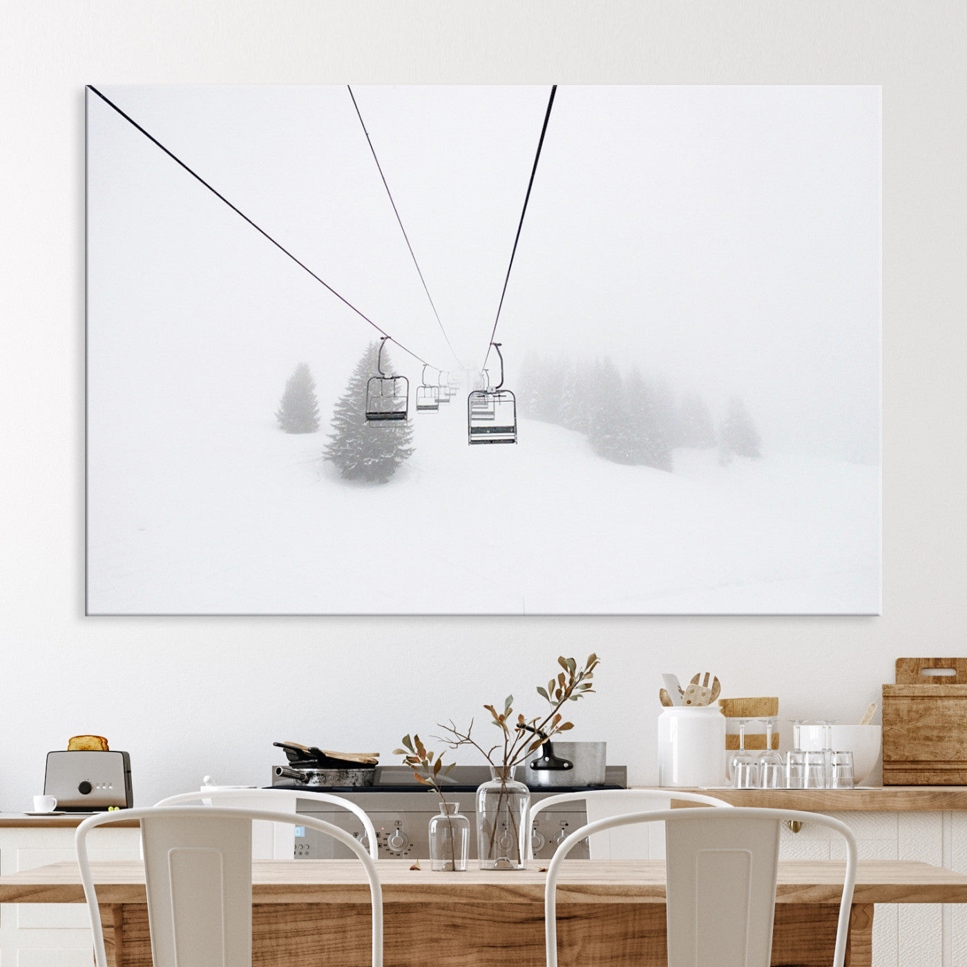 Ski Lift Print Wall Art Canvas, Framed Snowy Landscape Art Picture Print, Alpine Adventure Perfect Nordic Minimalist Decor Artwork