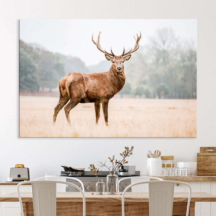 Vintage Wildlife Canvas Print, Framed Misty Landscape Art Picture Print, Deer Wall Art Perfect Rustic Wildlife Decor Artwork
