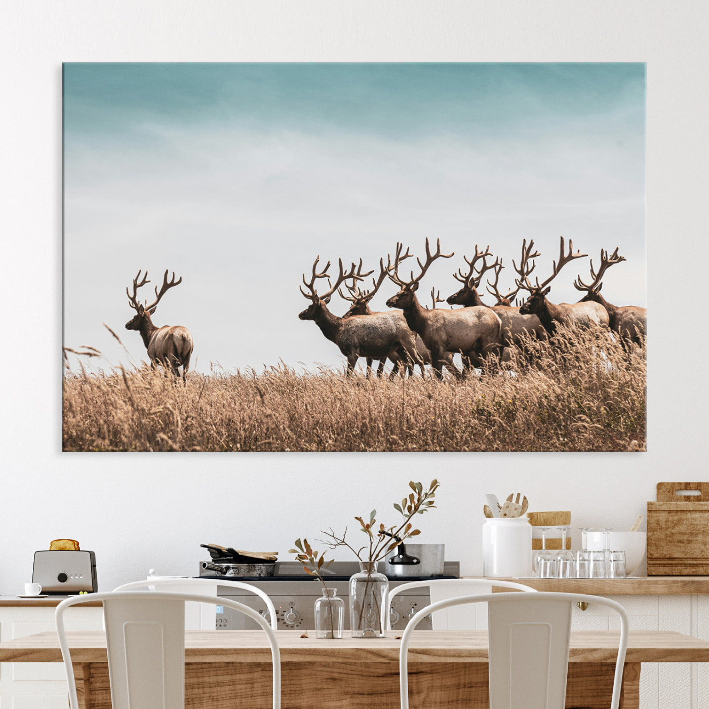 Elk Herd Wall Art Canvas, Antler Canvas Print, Framed Wildlife Photography Art Picture Print, Rustic Nature Print Perfect Rustic Wildlife