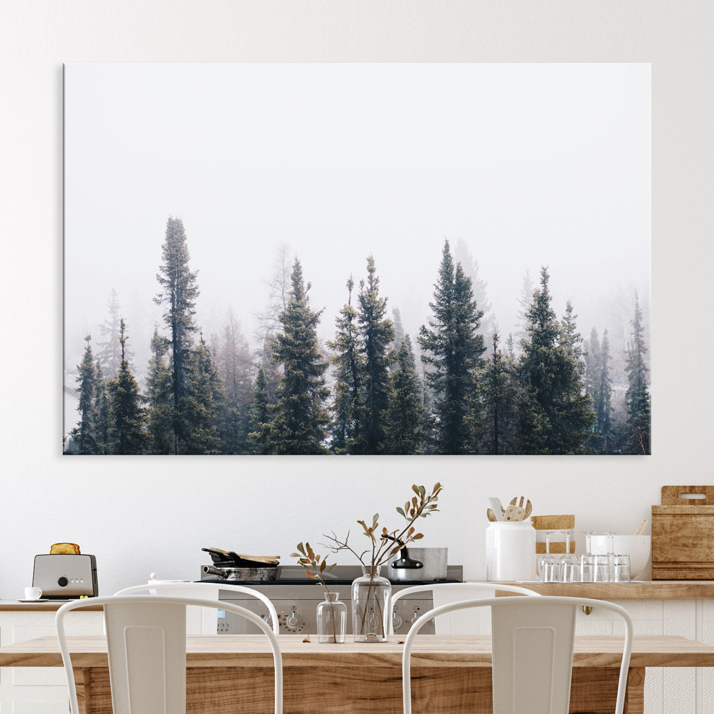 Foggy Forest Wall Art Canvas Print, Framed Misty Pines Art Picture Print, Moody Woodland Perfect Scandinavian Minimalist Decor Artwork