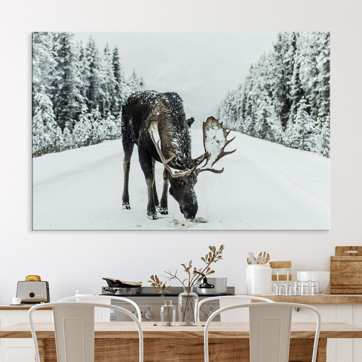 Moose in Snow Wall Art Canvas Print, Framed Winter Wildlife Art Picture Print, Snowy Forest Scene Perfect Rustic Lodge Decor Artwork