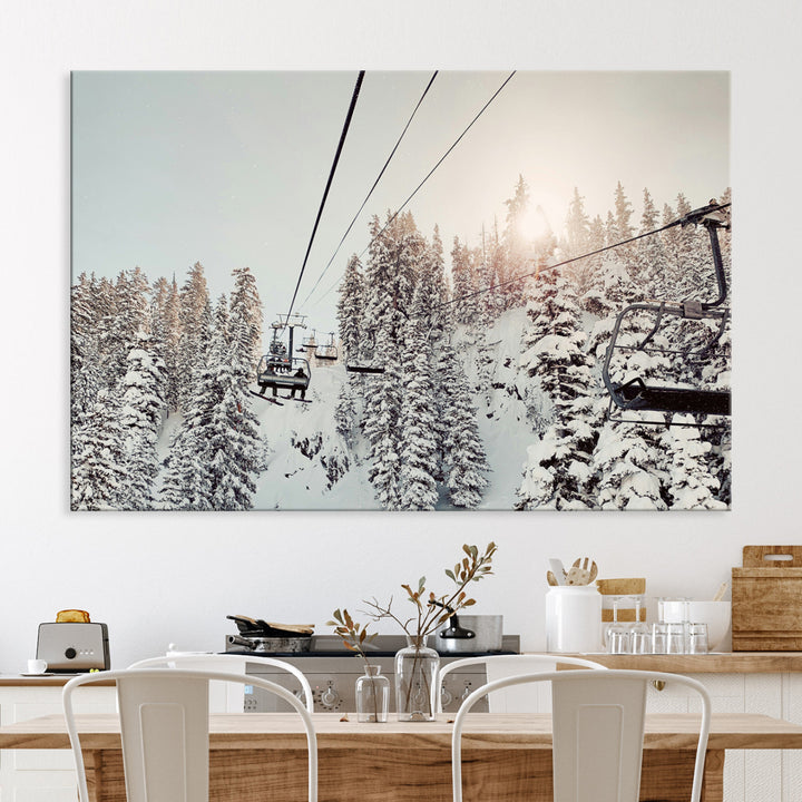 Frosty Pines Wall Art Canvas Print, Framed Cozy Cabin View Art Picture Print, Ski Lift Ride Perfect Rustic Lodge Decor Artwork