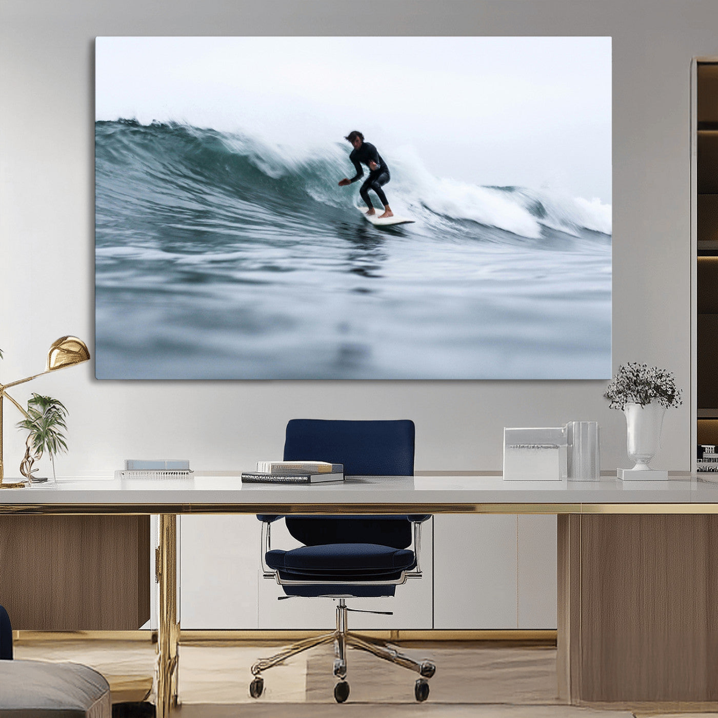 MGV-CV-36X24 - Surfer on Wave Wall Art Canvas Print, Framed Ocean Adventure Art Picture Print, Motion Blur Water Perfect Coastal Adventure Decor Artwork