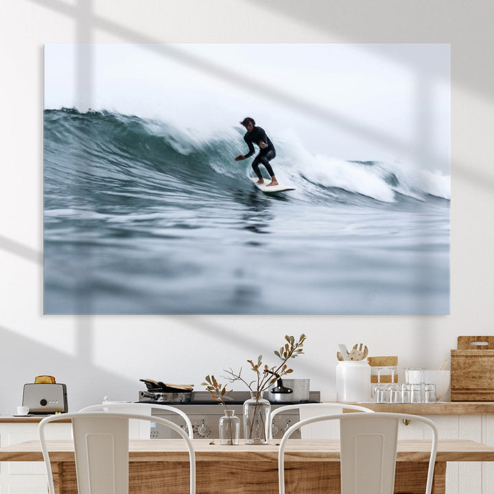Surfer on Wave Wall Art Canvas Print, Ocean Adventure Print, Framed Motion Blur Water Art Print, Large Deep Blue Surf Printing