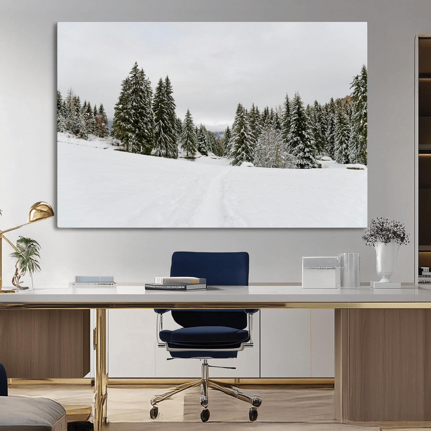 MGV-CV-36X24 - Frosty Pines Wall Art Canvas Print, Framed Silent Snowfall Art Picture Print, Cozy Cabin Vibes Perfect Nordic Minimalist Decor Artwork