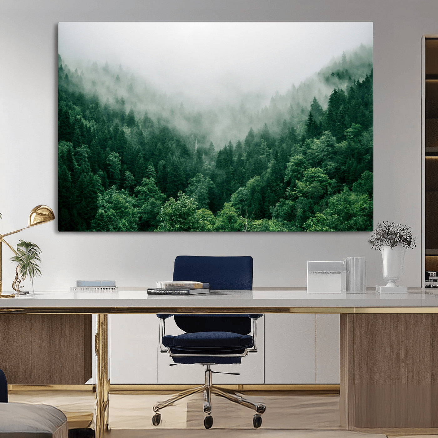 MGV-CV-36X24 - Misty Green Forest Canvas Print – Serene Foggy Pine Landscape Wall Art, Tranquil Nature Decor for
