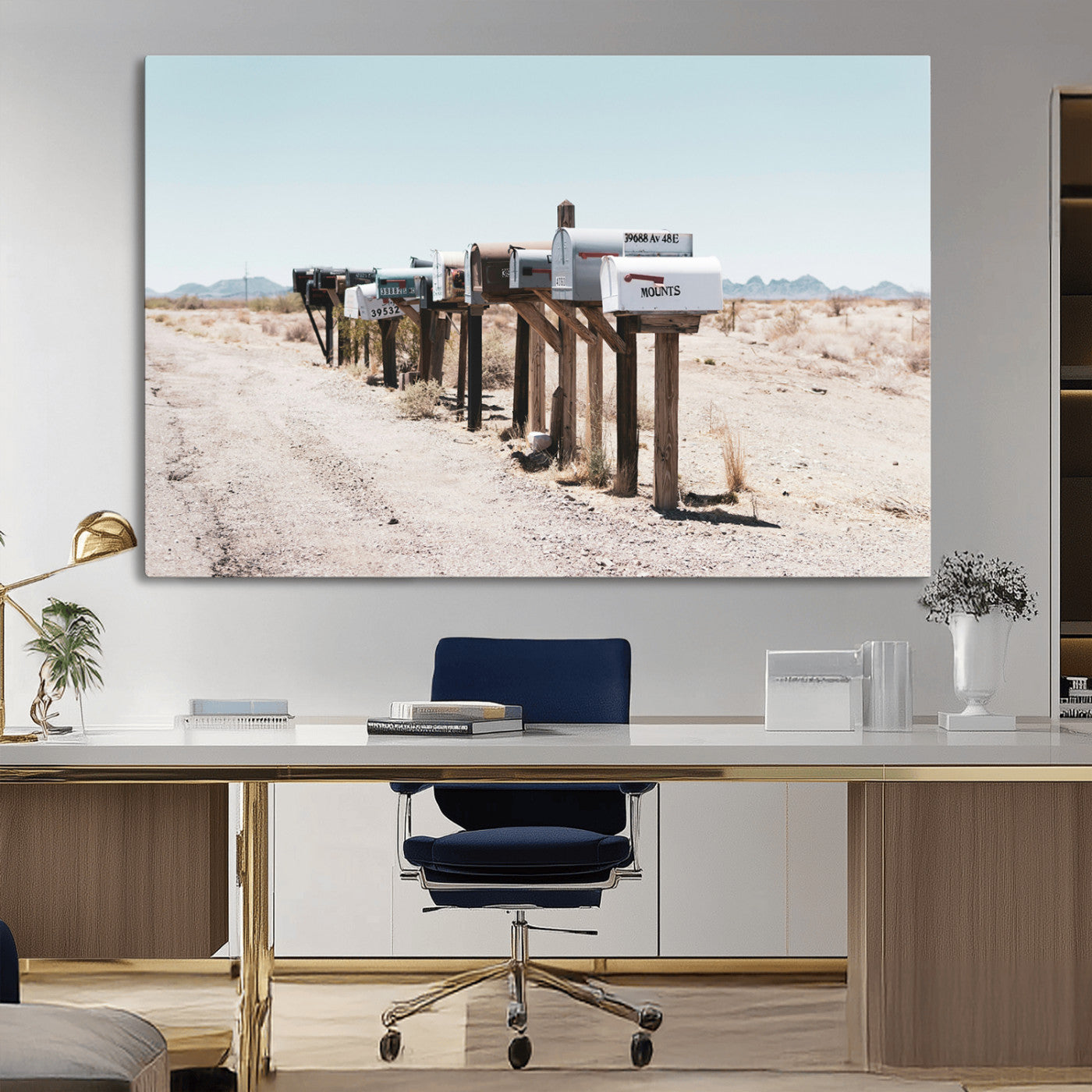 MGV-CV-36X24 - Desert Mailboxes Canvas Print – Minimal Western Landscape Photography, Rustic Americana Wall Art for
