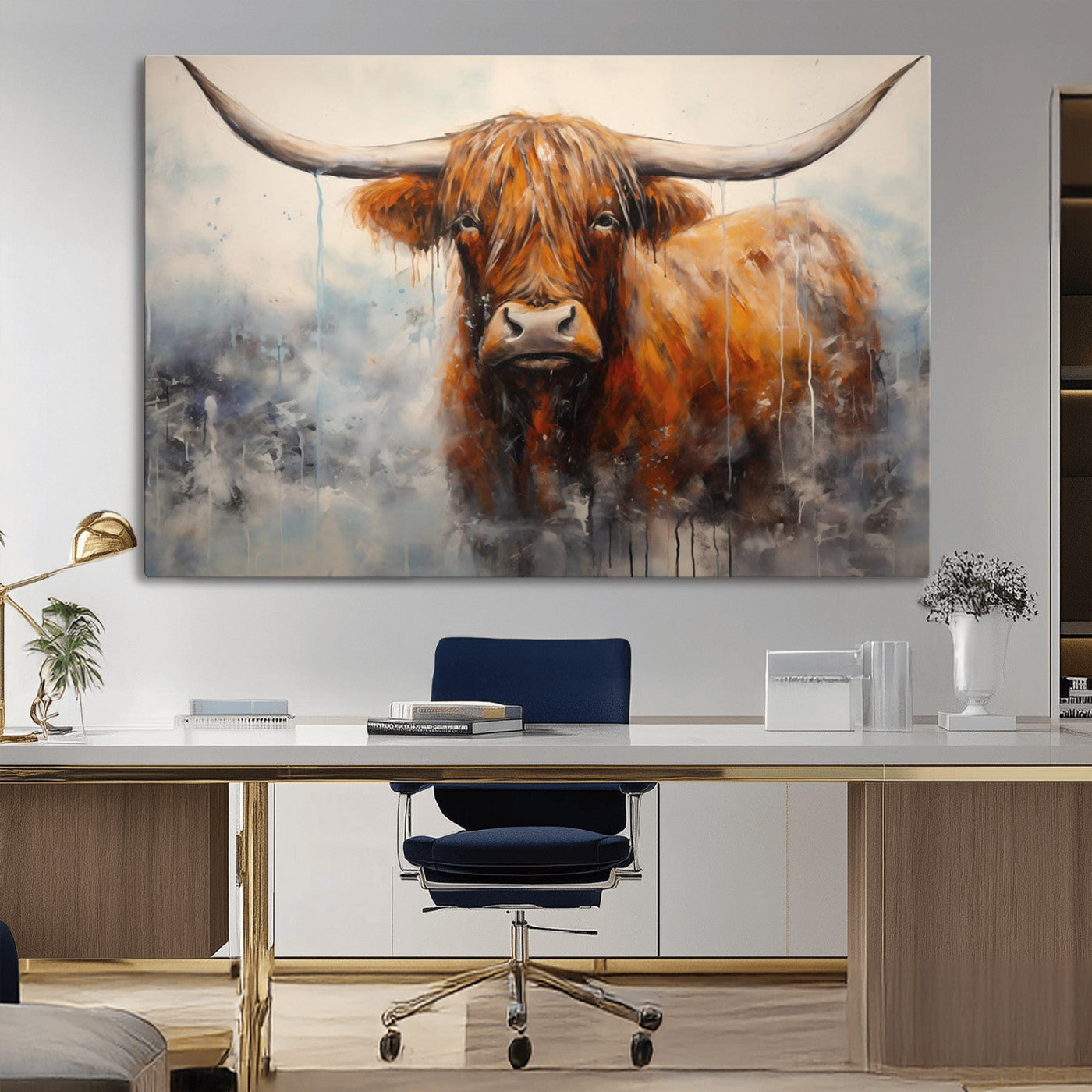 MGV-CV-36X24 - Scottish Highland Wall Art Canvas Print, Framed Longhorn Art Picture Print, Western Cow Perfect Farmhouse Decor Artwork