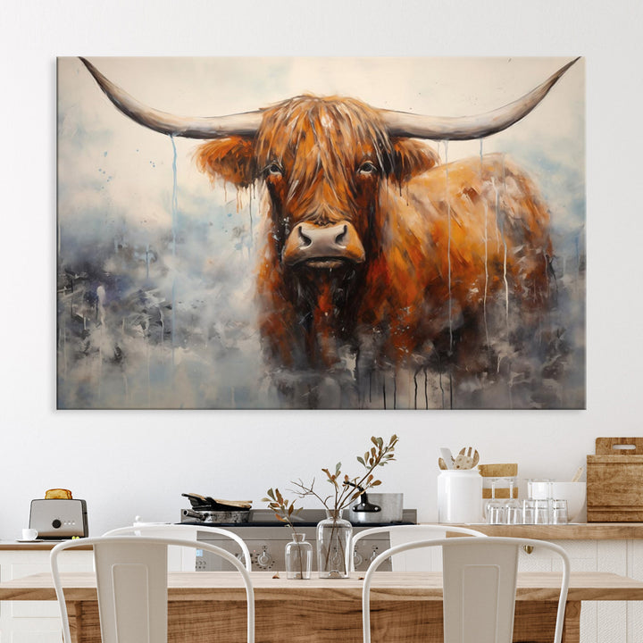 Scottish Highland Wall Art Canvas Print, Framed Longhorn Art Picture Print, Western Cow Perfect Farmhouse Decor Artwork