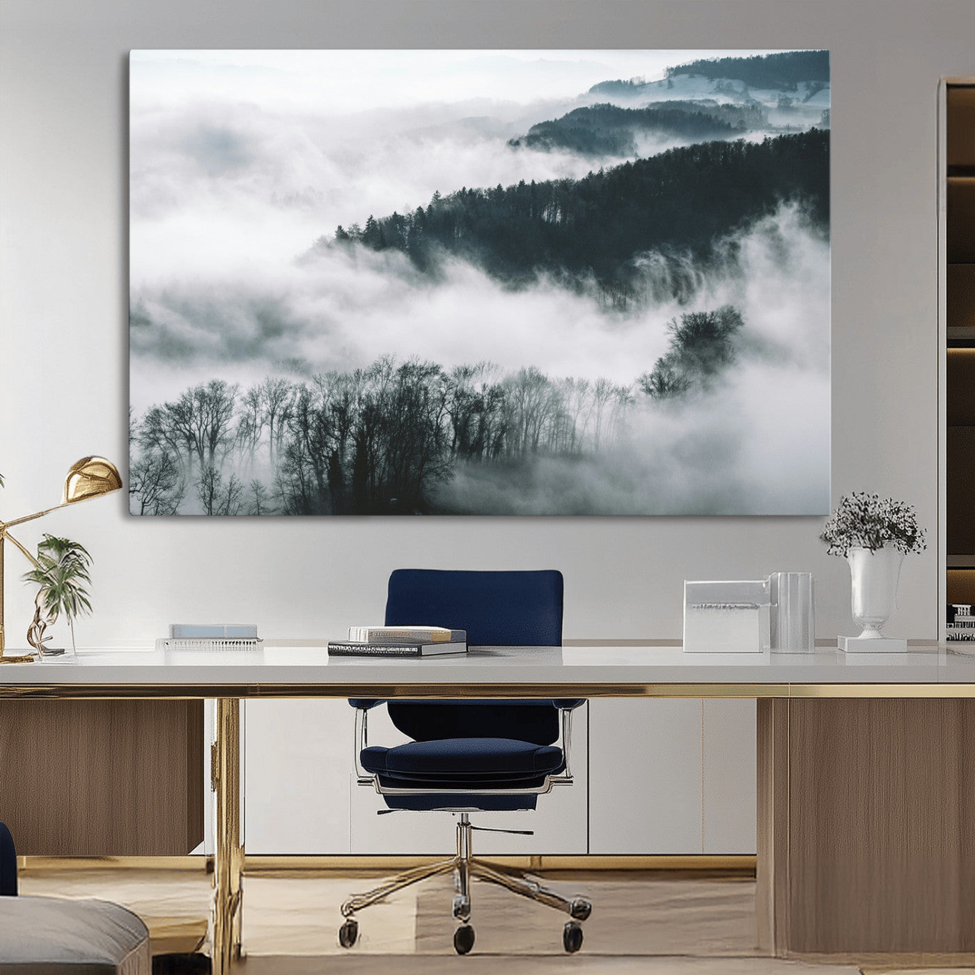 67569654-MGV-CV-36X24-Foggy Forest Landscape Wall Art Canvas Print – Misty Mountain Valley Scene in Monochrome Tones, Perfect for Minimalist or Nordic Home Decor