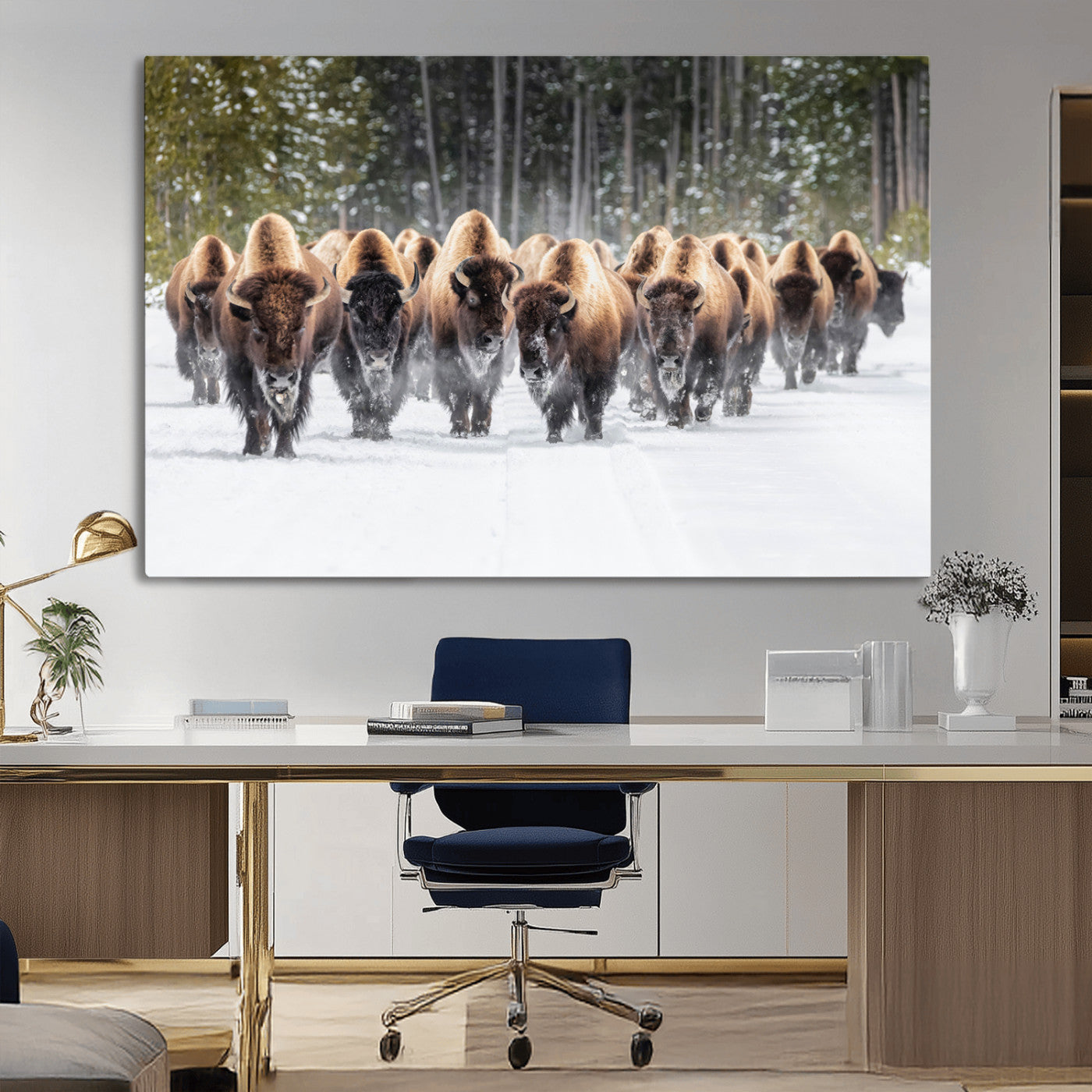 American Bison Herd in Snow Wall Art Canvas Print – Powerful Winter Wildlife Scene with Buffalo in Motion, Perfect for Rustic Lodge or Western Cabin Decor
