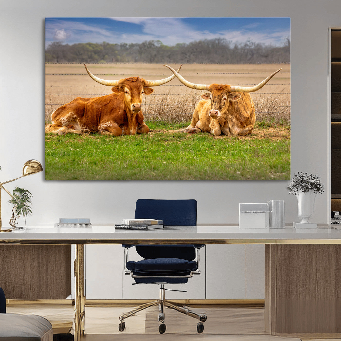 54598515-MGV-CV-36X24-Texas Longhorn Pair Wall Art Canvas Print – Peaceful Rustic Ranch Scene with Two Cattle in Field, Perfect for Western Farmhouse Home Decor