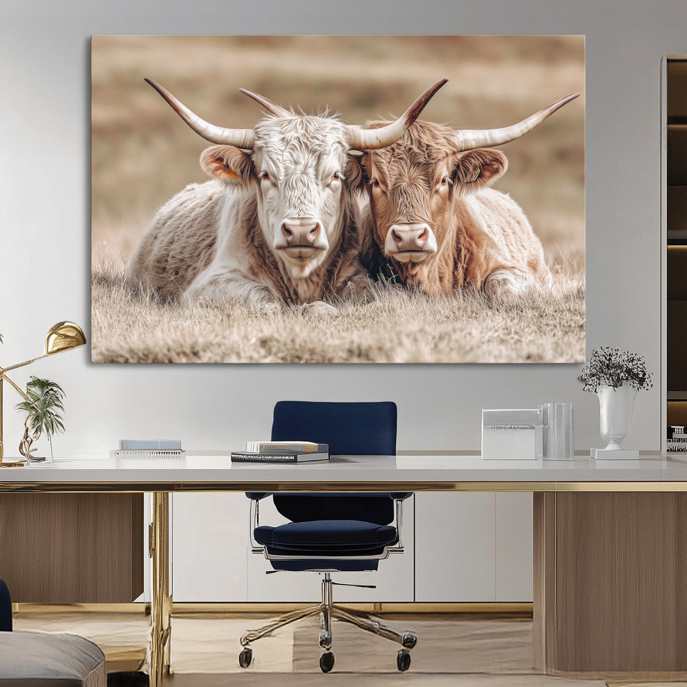 Two Highland cows with long horns lying side by side on a grassy field, featuring soft natural tones and a calm rural setting.