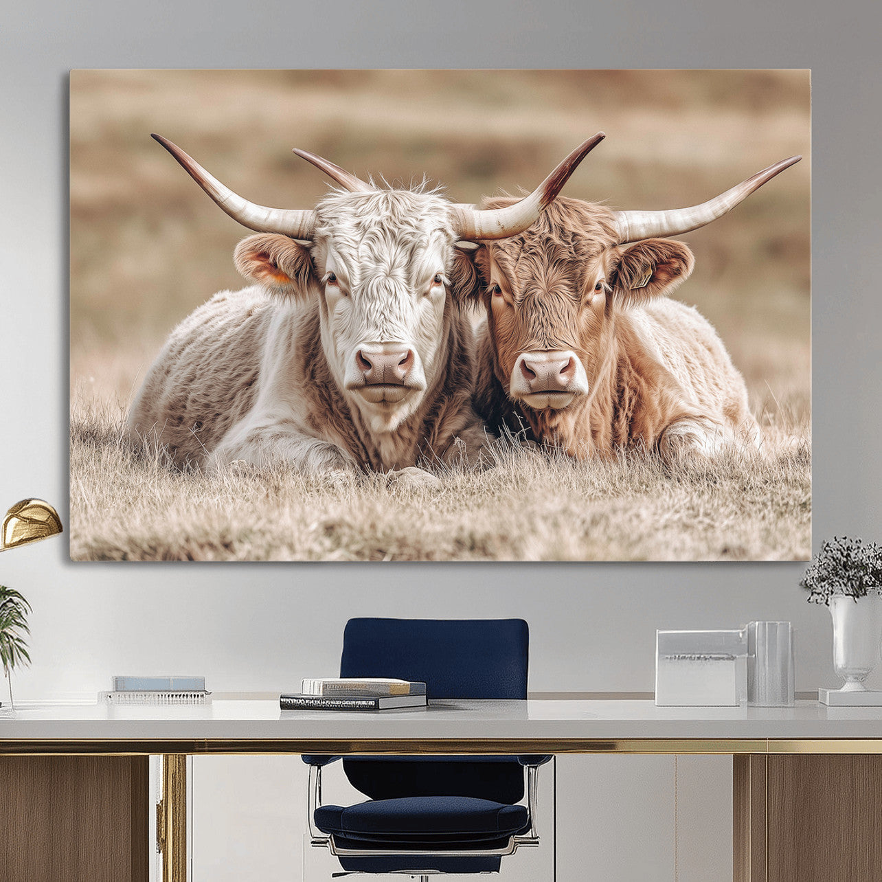38651722-MGV-CV-36X24 - Highland Cows Meadow Canvas Wall Art – Peaceful Cow Photography Print, Rustic Farmhouse Animal Decor for Country Home, Living Room, Office