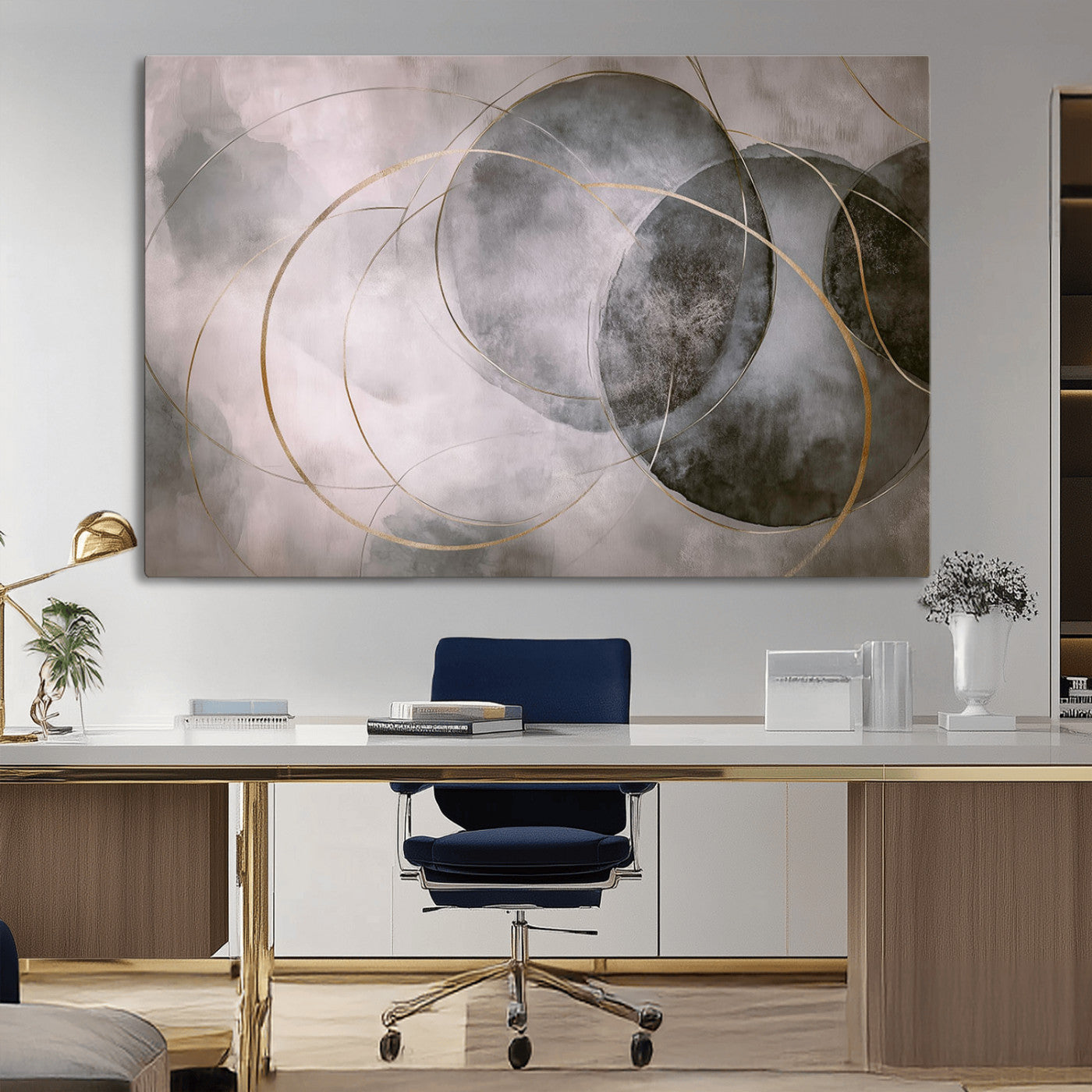 MGV-CV-36X24 - Wall Art Canvas Print Abstract Gray Black Gold Circles Soft Texture Modern Minimalist Artistic Home Decor Contemporary Elegant Stylish Unique