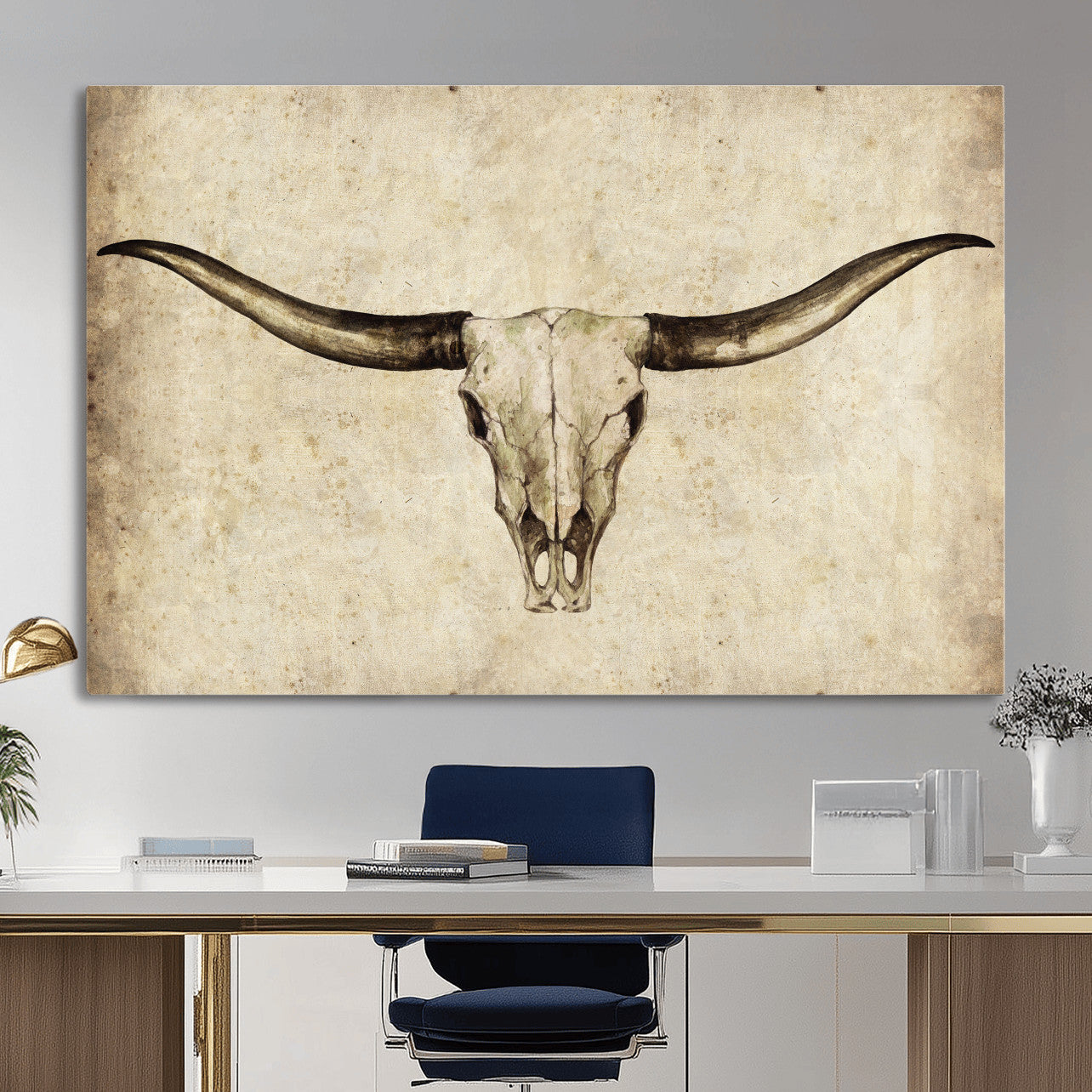 42788678-MGV-CV-36X24 - Longhorn Skull Wall Art Canvas Print – Rustic Western Artwork Print for Living Room Wall Decor