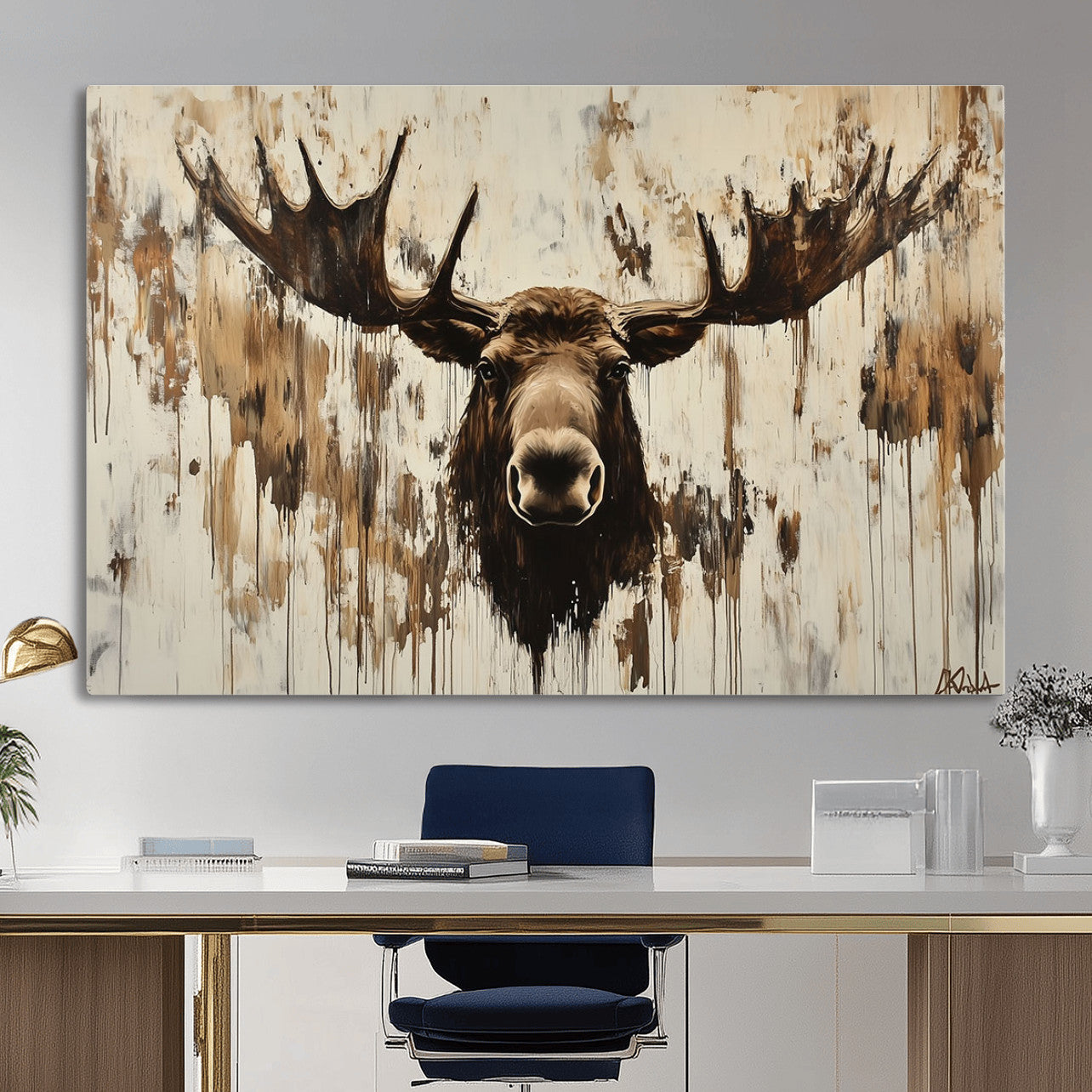 34496536-MGV-CV-36X24 - Powerful Moose Portrait Wall Art – Rich Earthy Tones, Expressive Brushstrokes, Striking Gaze, Raw Nature Vibes Decor for Home or Office
