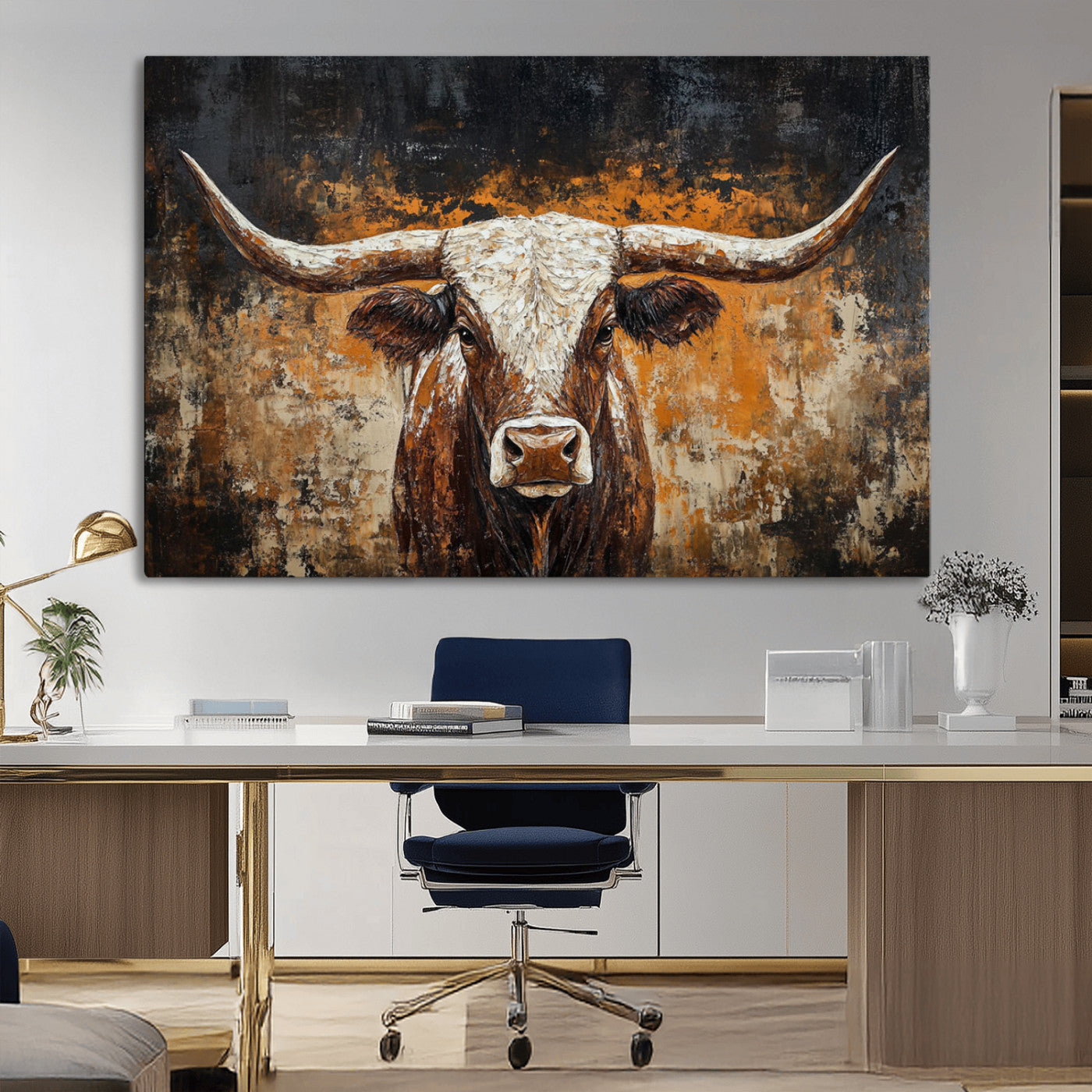 25265572-MGV-CV-36X24-Rustic Longhorn Bull Wall Art Canvas Print – Vintage Western Cattle Painting, Texas Steer Artwork for Ranch, Farmhouse or Cowboy Decor