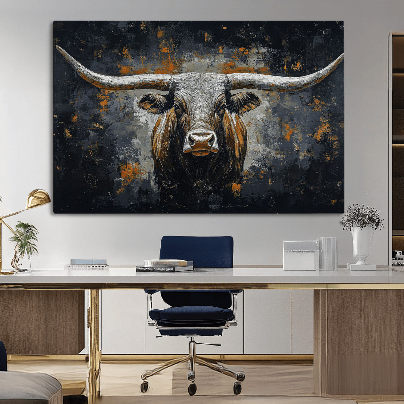 Rustic Longhorn Bull Wall Art Canvas Print – Vintage Western Cattle Painting, Texas Steer Artwork for Ranch, Farmhouse or Cowboy Decor