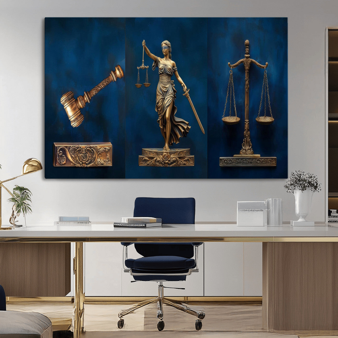 MGV-CV-36X24 - Lady Justice Wall Art Canvas Print – Elegant Gold Legal Symbols on Blue Background, Perfect for Law