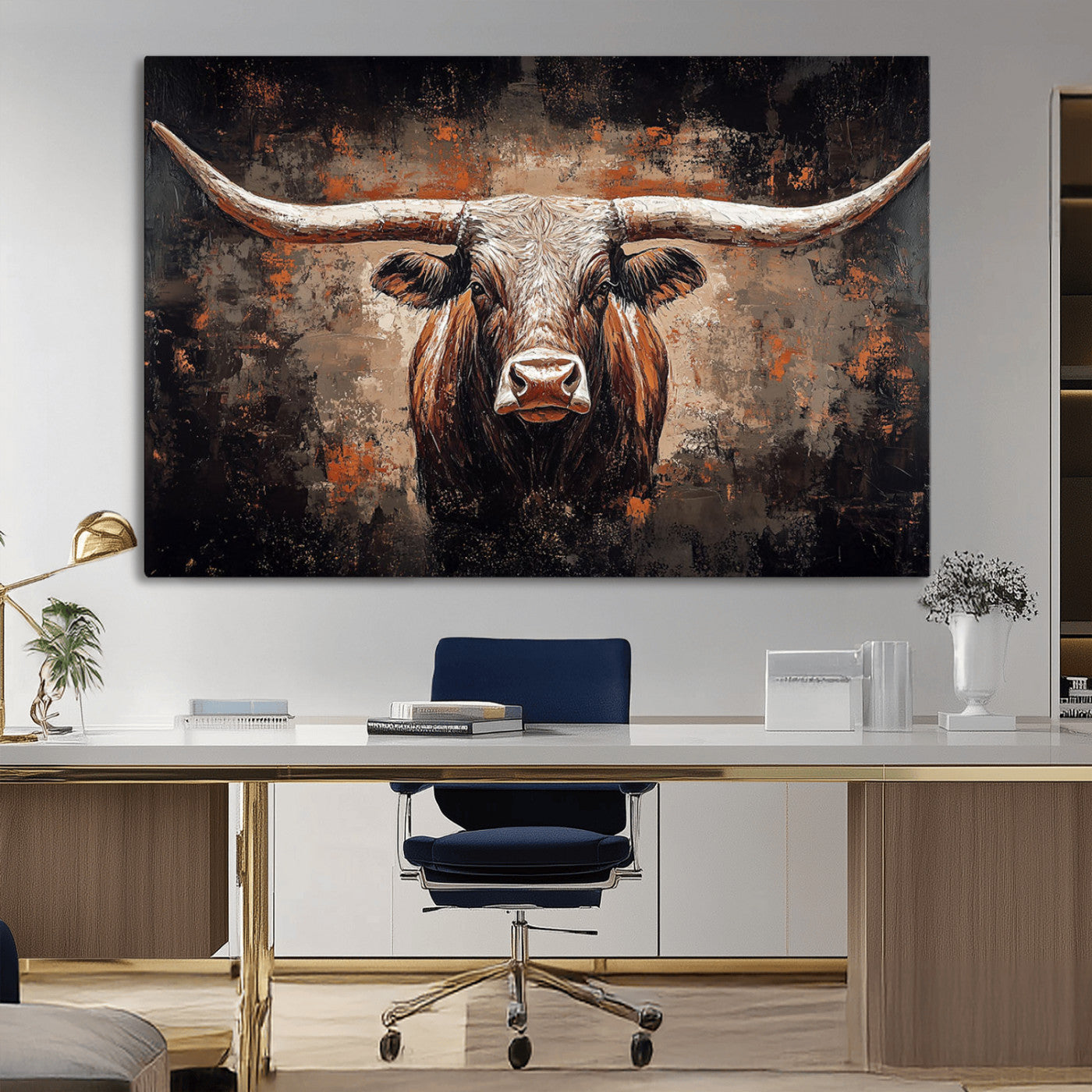 MGV-CV-36X24 - Rustic Longhorn Bull Wall Art Canvas Print – Vintage Western Cattle Painting, Texas Steer Artwork Print
