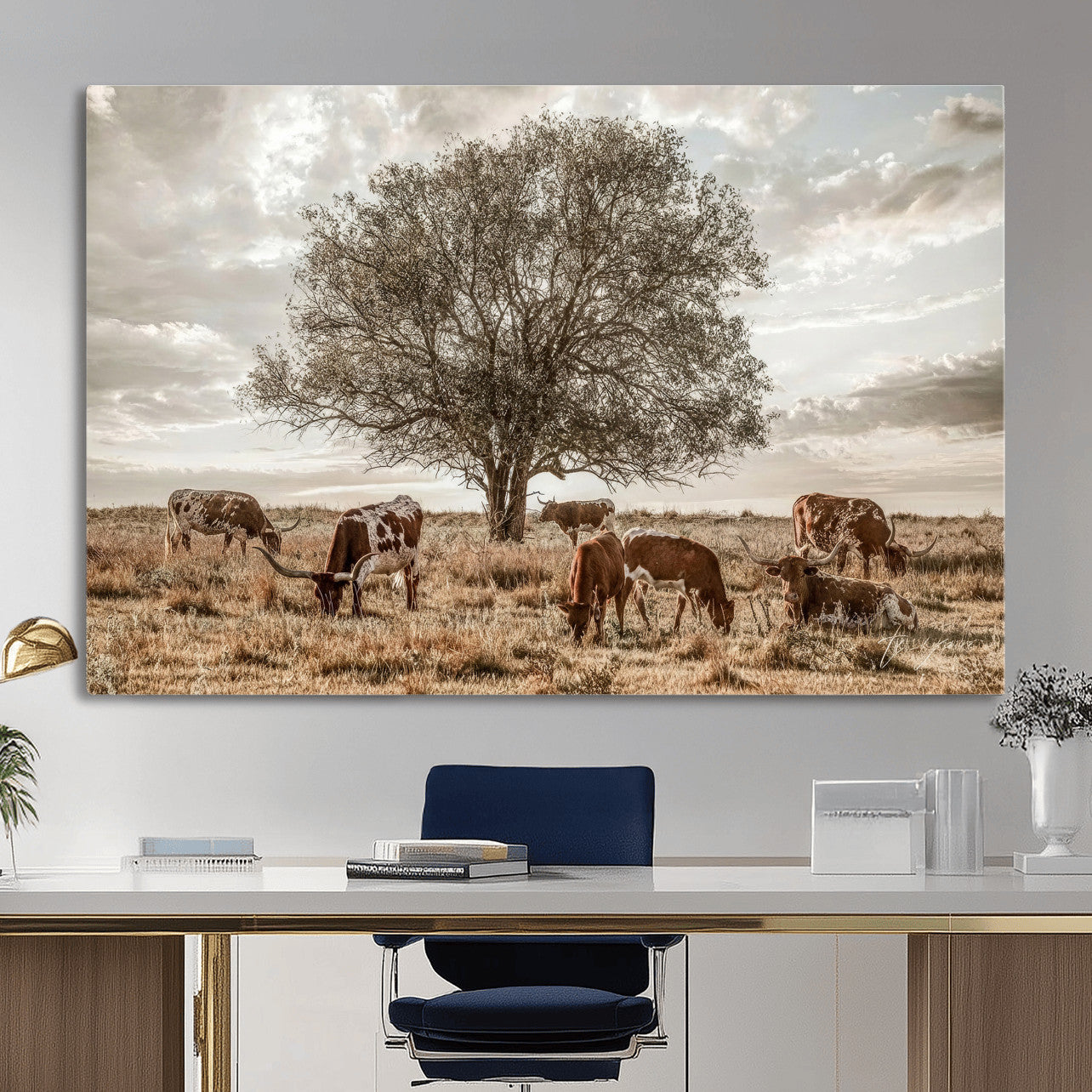 87590224-MGV-CV-36X24 - Texas Longhorn Cattle Wall Art Canvas Print – Rustic Western Ranch Scene with Steers at Sunset, Perfect for Farmhouse or Cowboy Decor